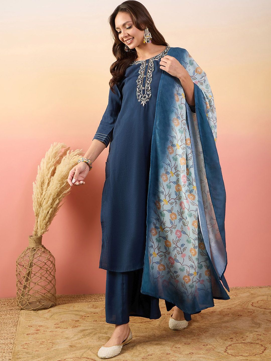 Dhiyona SN Women Embroidered Straight Kurta With Palazzos & Dupatta