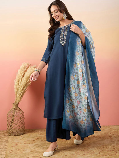 Dhiyona SN Women Embroidered Straight Kurta With Palazzos & Dupatta