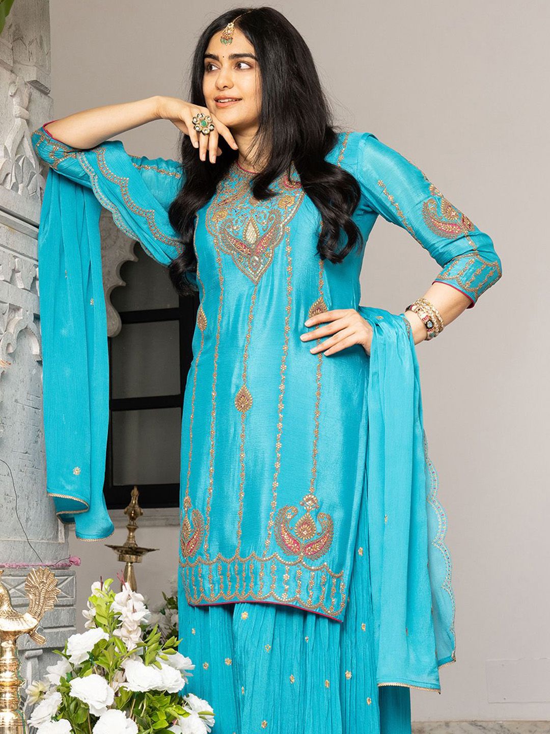 Dhiyona CH Embroidered Kurta with Plazzo and Dupatta