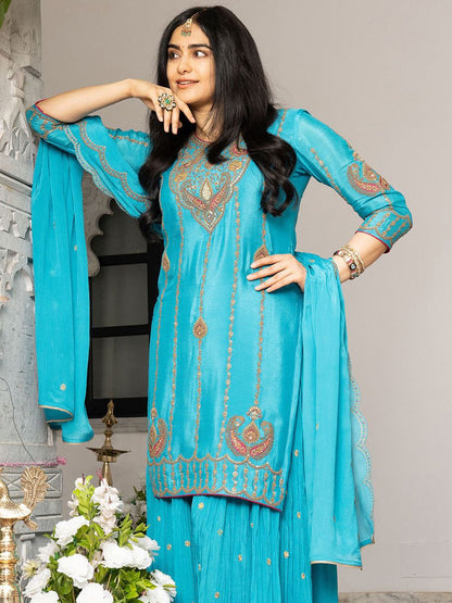 Dhiyona CH Embroidered Kurta with Plazzo and Dupatta