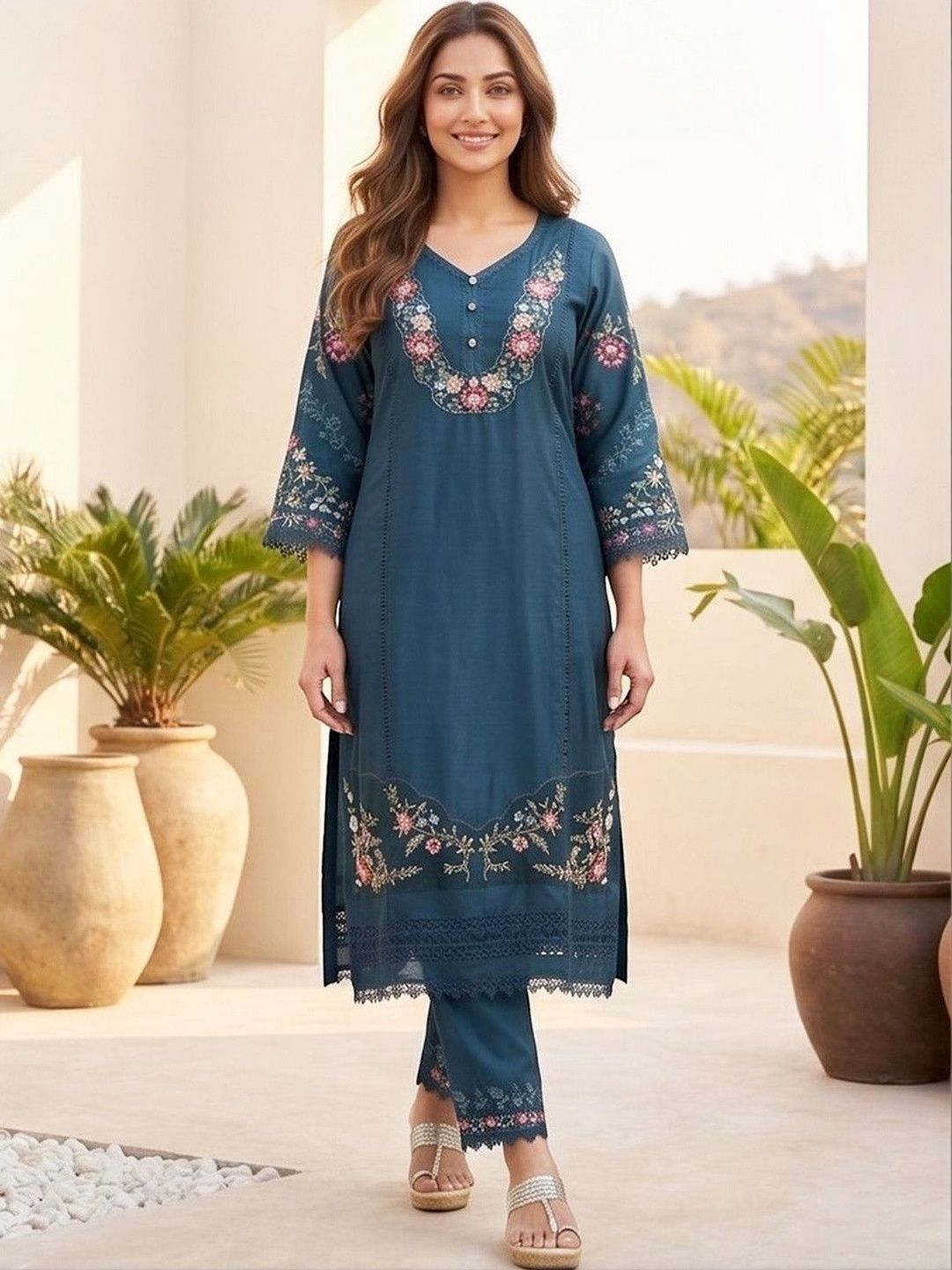 Teal Women Floral Embroidered Regular Thread Work Pure Cotton Kurta with Trousers & With Dupatta