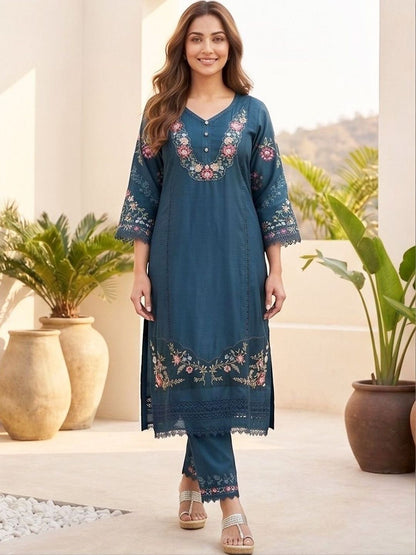 Teal Women Floral Embroidered Regular Thread Work Pure Cotton Kurta with Trousers & With Dupatta