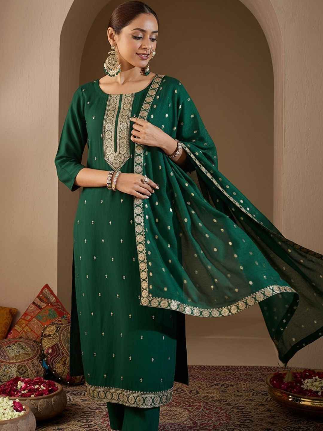 Women Ethnic Motifs Embroidered Regular Thread Work Kurta with Trousers & With Dupatta