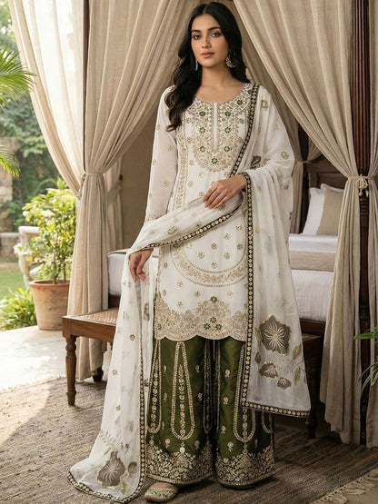 Dhiyona KL Women Ethnic Motifs Embroidered Regular Sequinned Kurta with Sharara & With Dupatta
