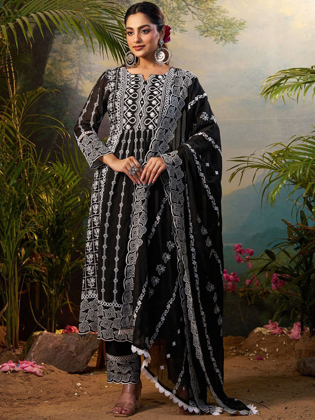 Women Floral Embroidered Cotton Kurta with Trousers & Dupatta