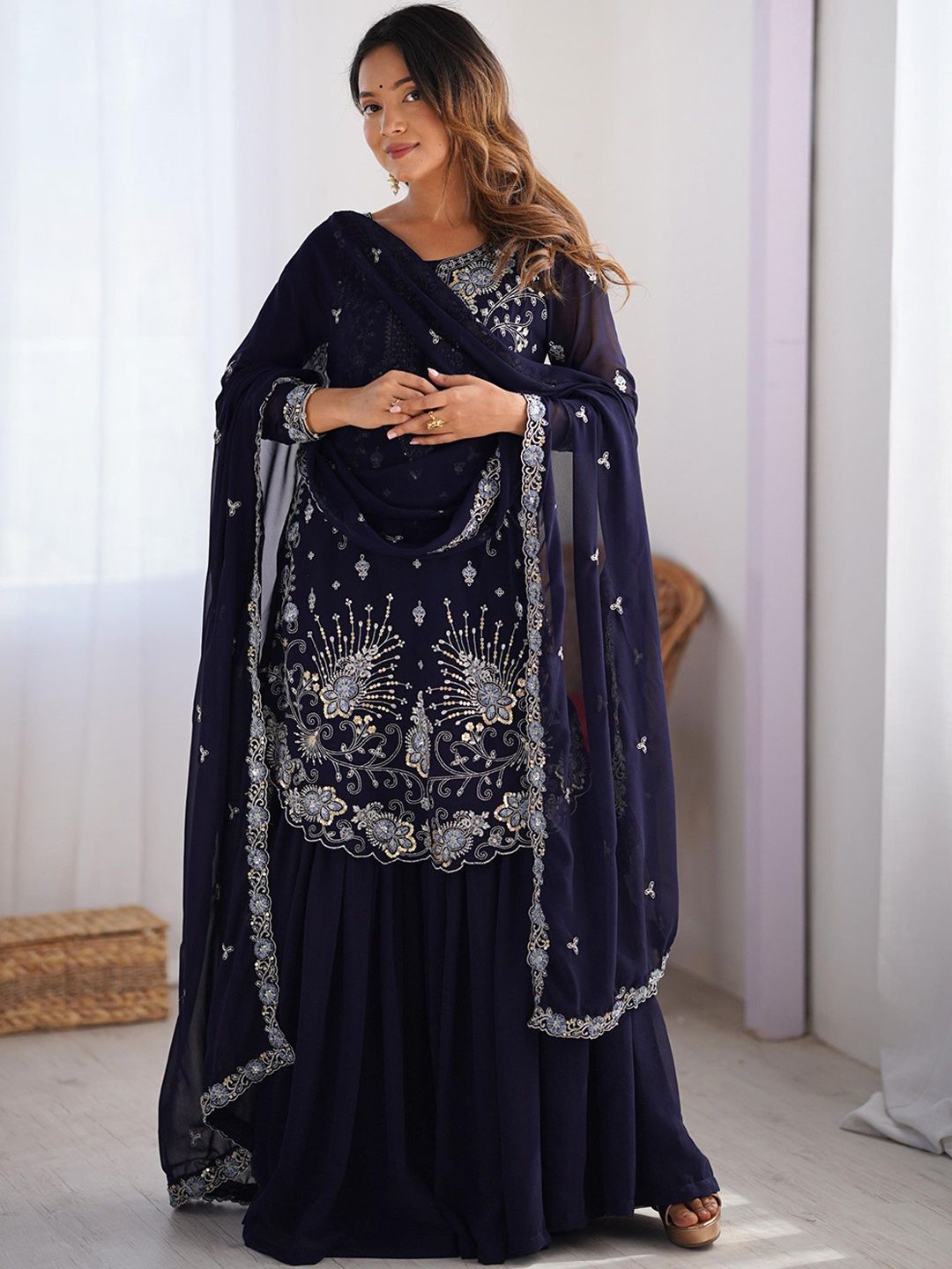 Dhiyona KL Women Ethnic Motifs Embroidered Regular Sequinned Kurta with Sharara & With Dupatta