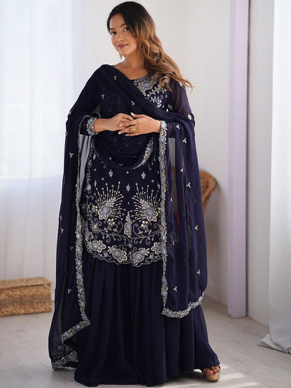 Dhiyona KL Women Ethnic Motifs Embroidered Regular Sequinned Kurta with Sharara & With Dupatta