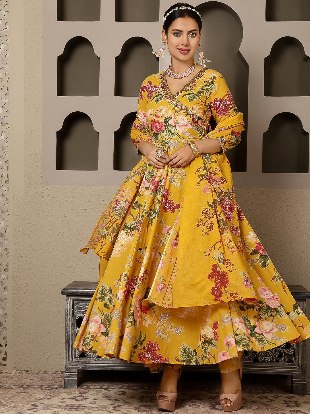 Women Floral Printed Pure Cotton Anarkali Kurta with Trouser & Dupatta