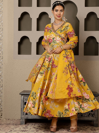 Women Floral Printed Pure Cotton Anarkali Kurta with Trouser & Dupatta