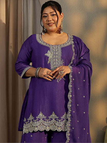 Dhiyona Women's Plus Size Ethnic Motifs Embroidered Kurta with Palazzo & Dupatta