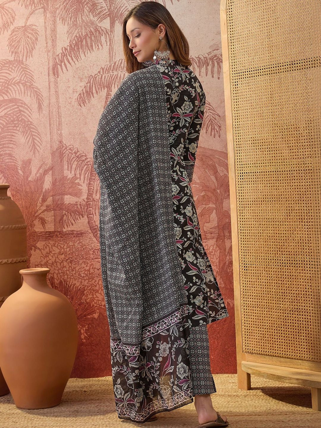 Printed Pure Cotton Mandarin Collar Kurta & Trousers Kurta Set