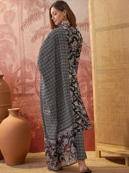 Printed Pure Cotton Mandarin Collar Kurta & Trousers Kurta Set