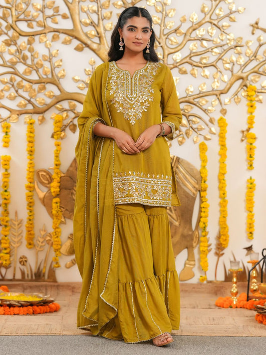 Dhiyona SC Women Ethnic Motifs Embroidered Kurta with Sharara & Dupatta