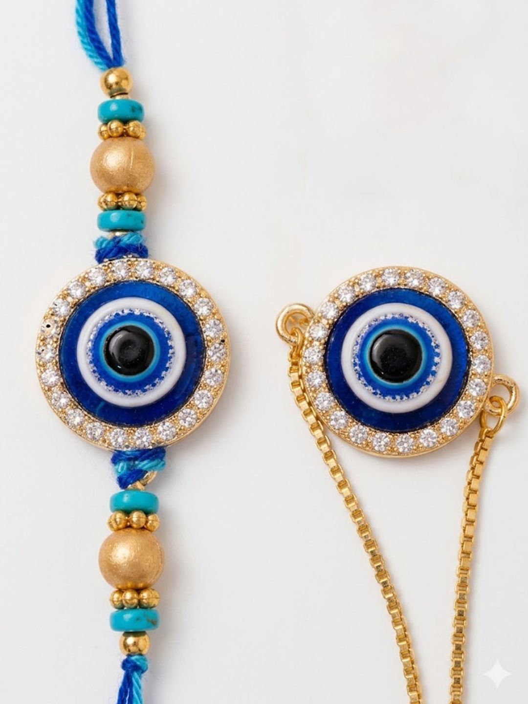 Dhiyona Set Of 2 Blue Evil Eye Gold Toned Bhaiya Bhabhi Rakhi