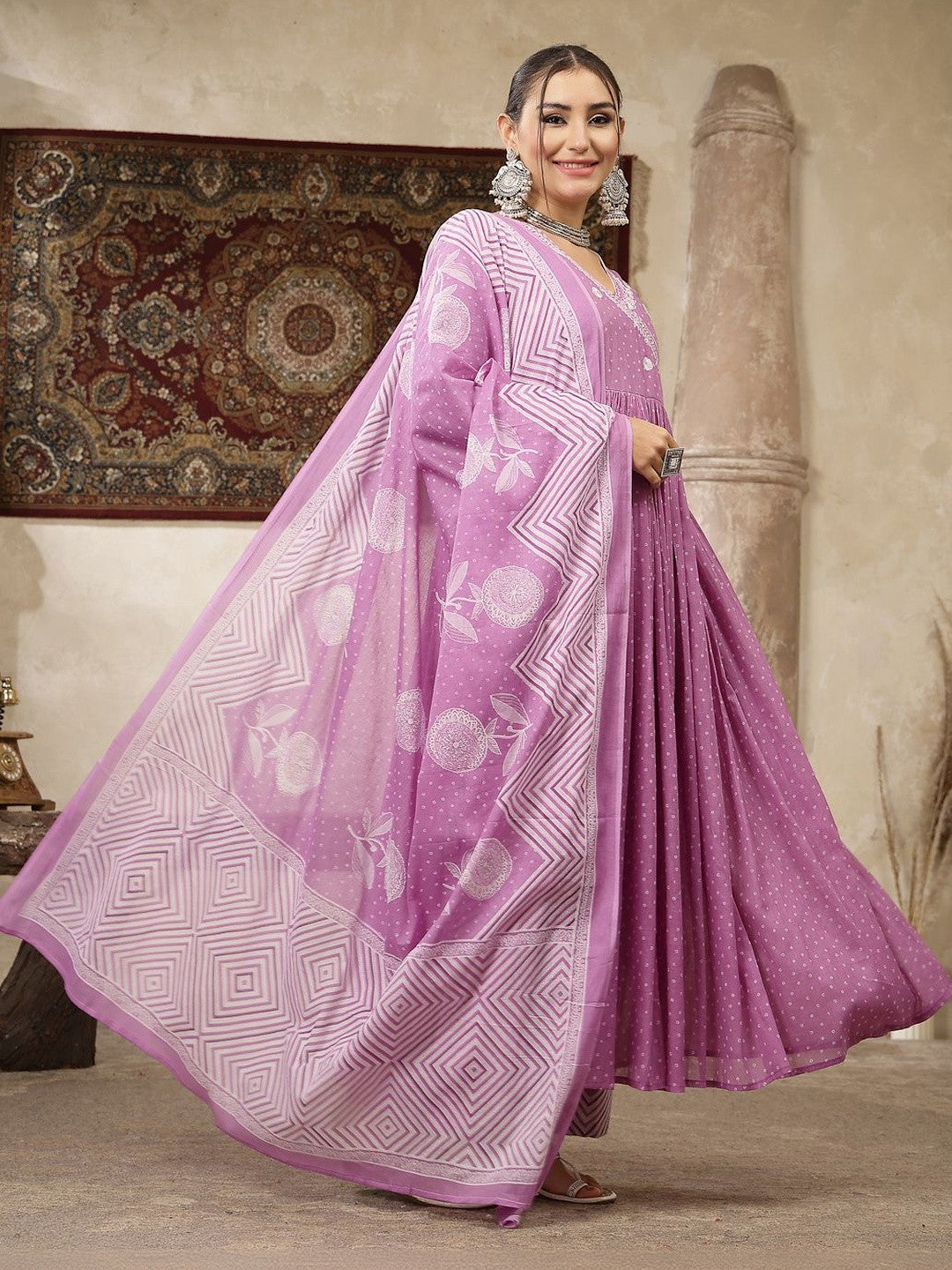 Women Ethnic Motifs Printed Angrakha Thread Work Pure Cotton Kurta with Palazzos & With Dupatta