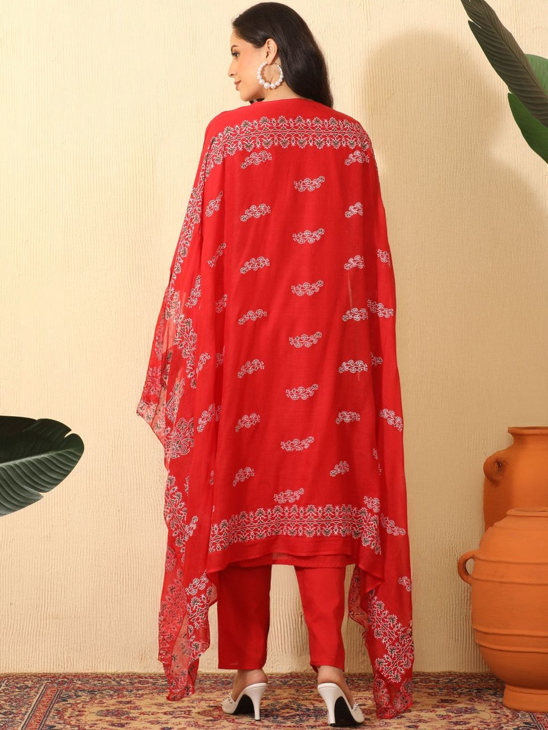Women Floral Embroidered Empire Mirror Work Pure Cotton Kurta with Trousers & With Dupatta