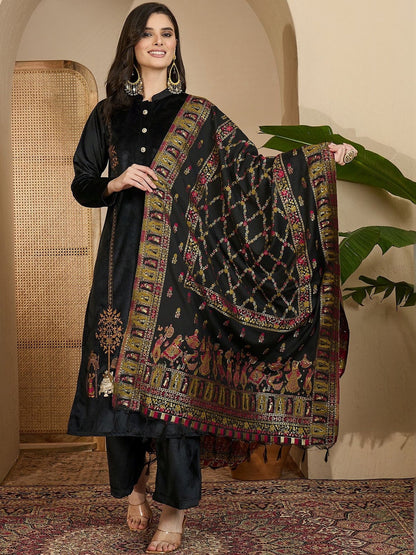 Winter Black Velvet Embroidered Shahi Mehfil Floral kurta trouser & Dupatta kurta sets