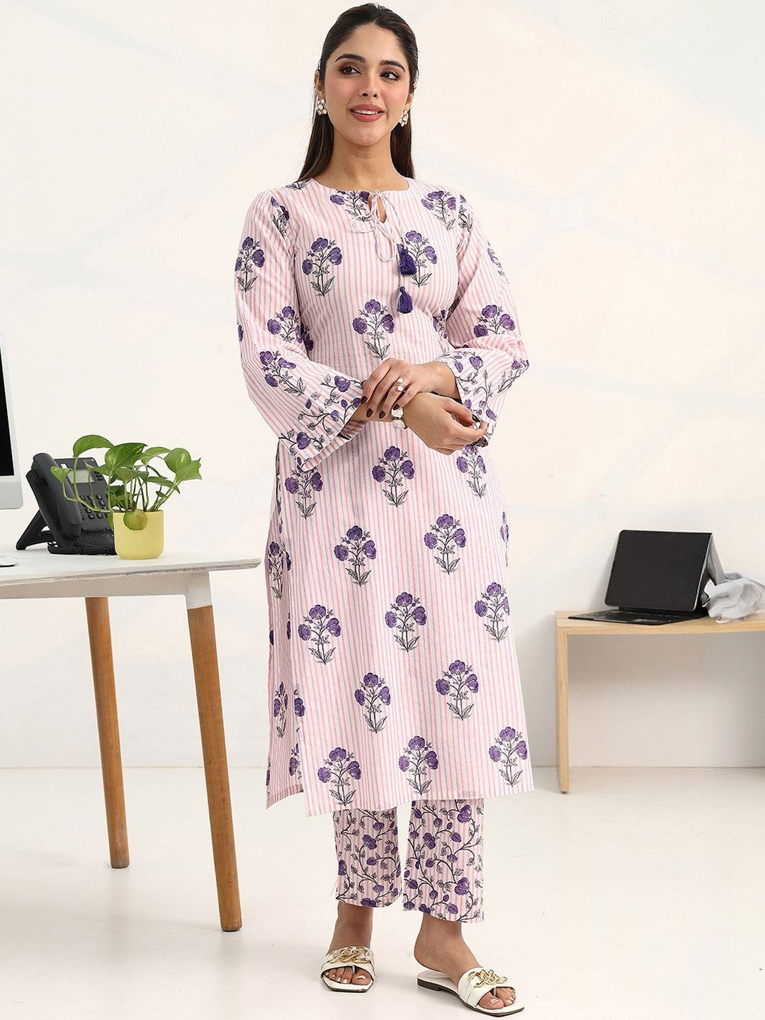 Libas Purple Floral Printed Straight Kurta Set