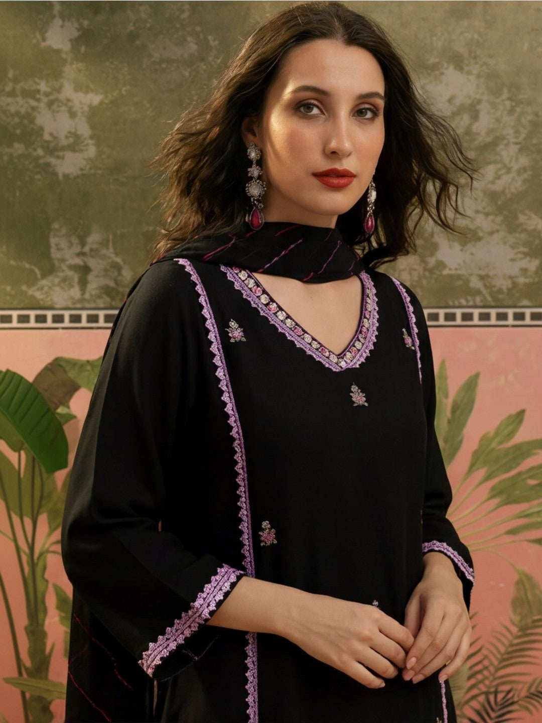 Embroidered V-Neck A-Line Kurta & Trousers With Dupatta