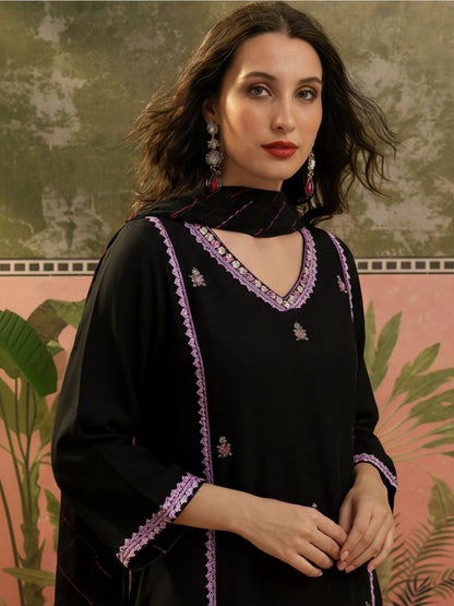 Embroidered V-Neck A-Line Kurta & Trousers With Dupatta