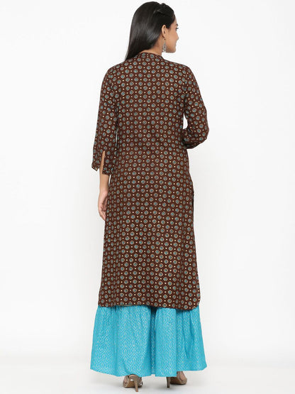 Dhiyona AN Brown Floral Printed Straight Kurta with Sharara