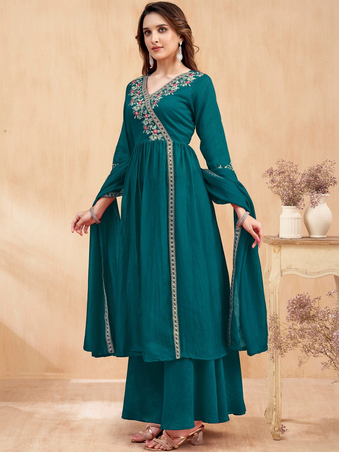 Embroidered V-Neck Kurta & Palazzos With Dupatta