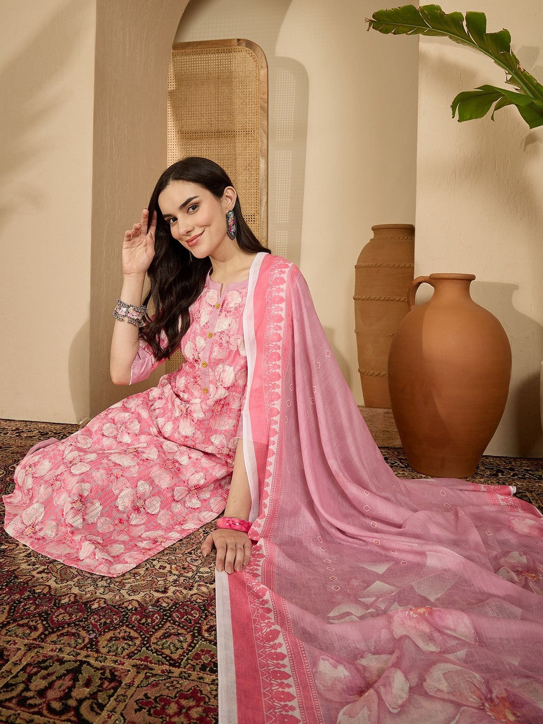 Women Floral Printed Regular Pure Cotton Kurta & Trouser With Dupatta