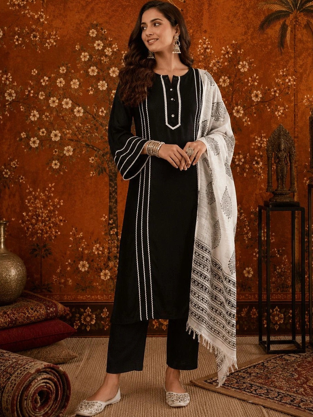 Striped Round Neck Straight Kurta With Palazzos & Dupatta