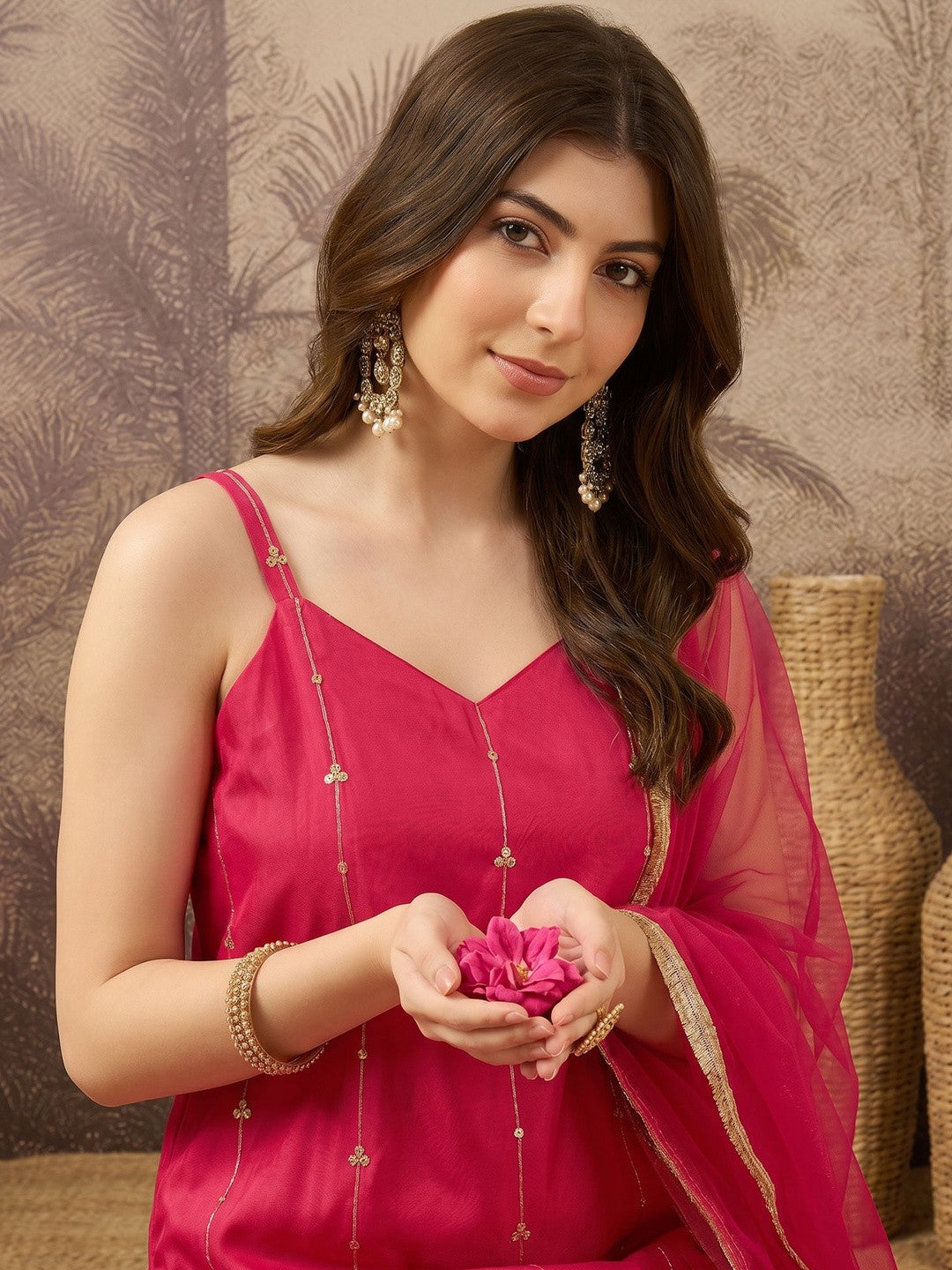 Embroidered V-Neck Kurta & Trousers With Dupatta Set