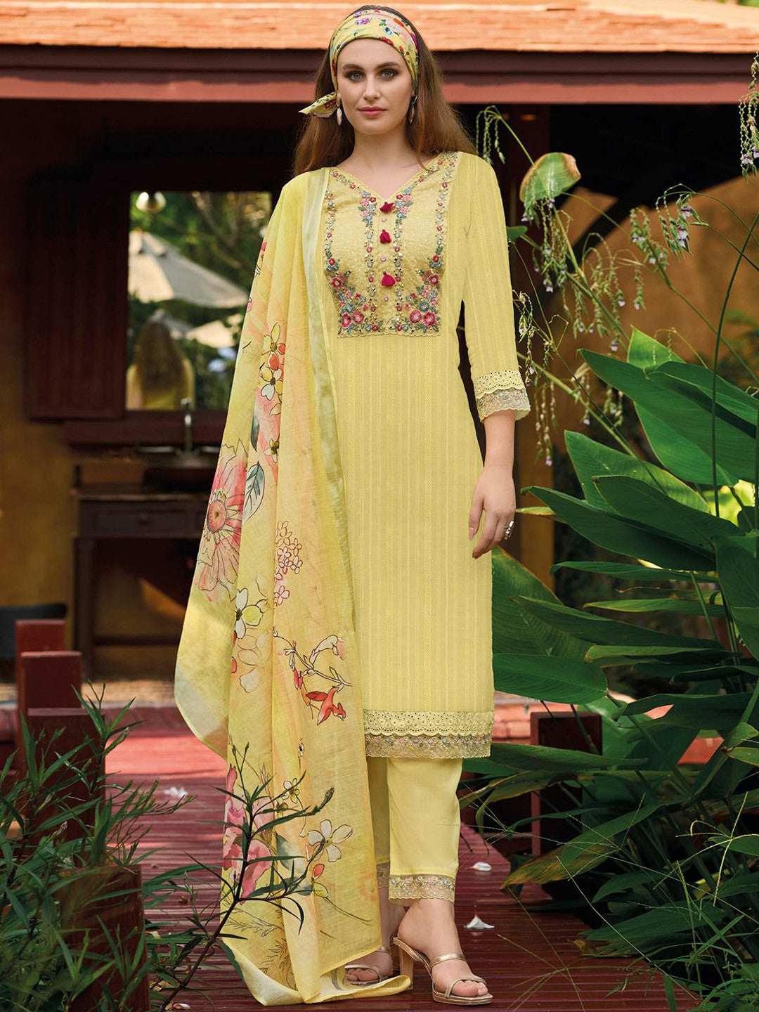 Yellow Floral Embroidered Thread Work Pure Cotton Kurta with Trouser & Dupatta