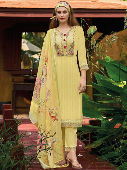 Yellow Floral Embroidered Thread Work Pure Cotton Kurta with Trouser & Dupatta