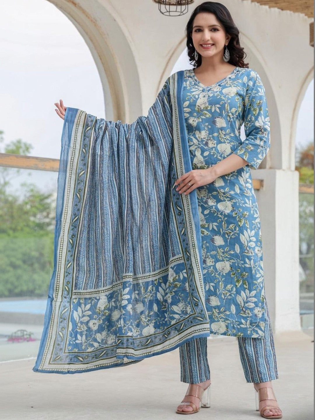 Dhiyona SN Embroidered Pure Cotton V-Neck Kurta & Harem Pants With Dupatta