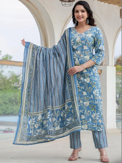 Embroidered Pure Cotton V-Neck Kurta & Harem Pants With Dupatta