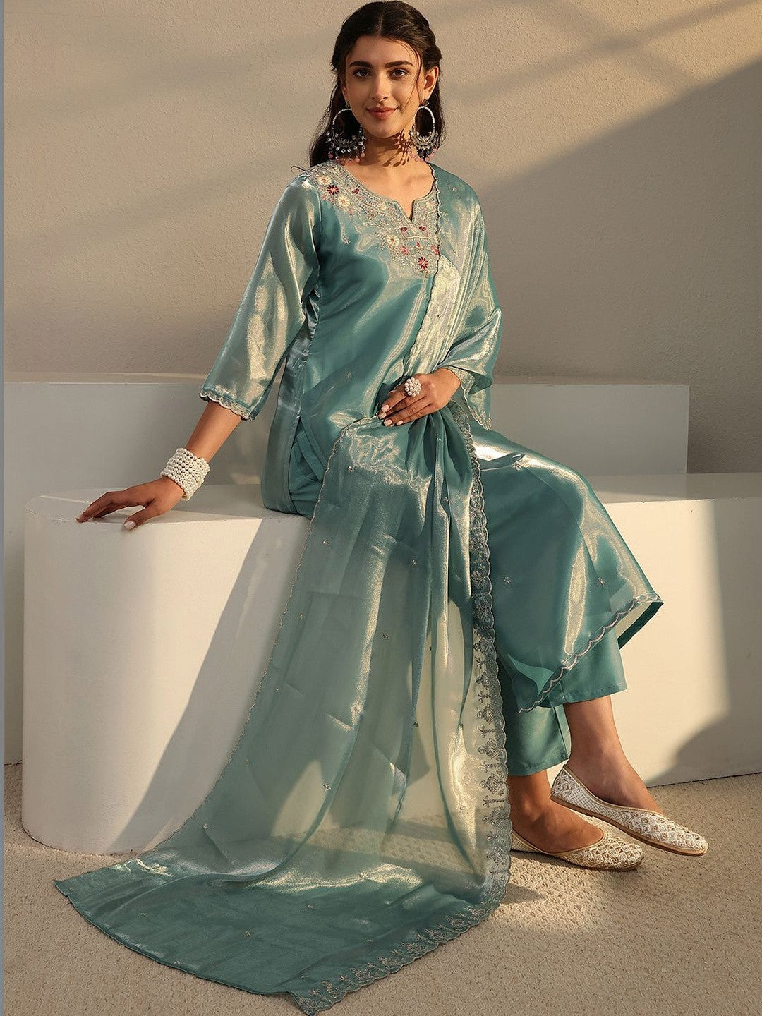 Blue Floral Embroidered Tissue Straight Suit Set