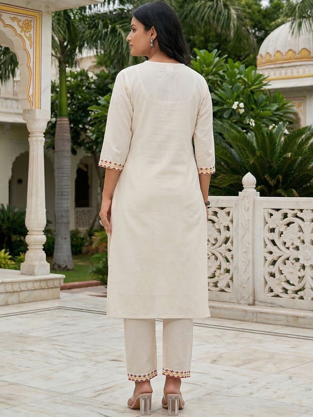 Embroidered Pure Cotton V-Neck Kurta & Trousers With Dupatta