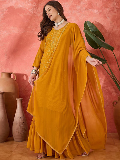 Dhiyona SN Floral Embroidered V-neck Straight Kurta With Sharara And Dupatta