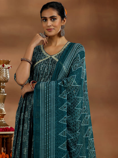 Women Ethnic Motifs Printed Angrakha Thread Work Kurta with Trousers & With Dupatta