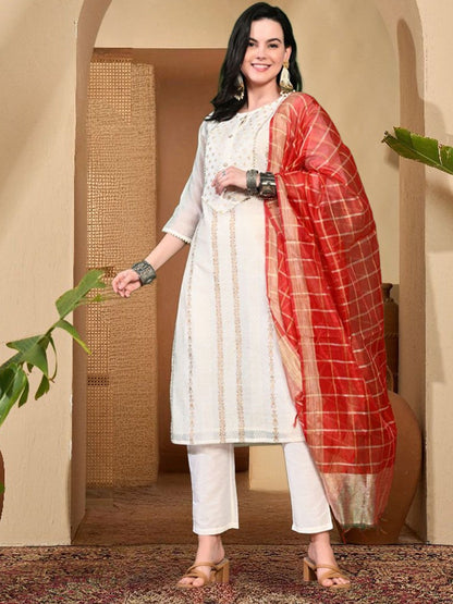 Ethnic Motifs Woven Design Zari Chanderi Cotton Kurta With Trousers & Dupatta