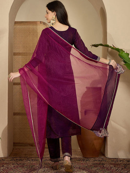 Ethnic Motifs Yoke Design Sequinned Straight Kurta With Trouser & Dupatta