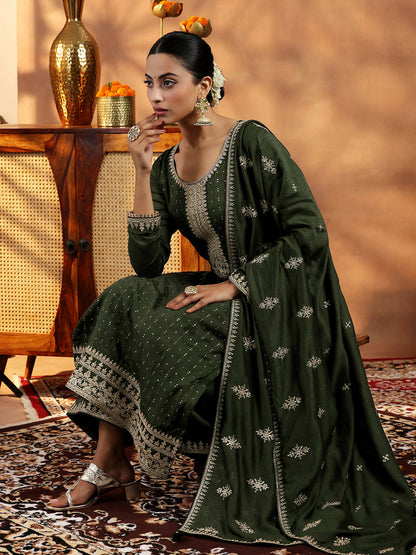 Women's LB Olive Embroidered Silk Blend Straight Suit With Dupatta