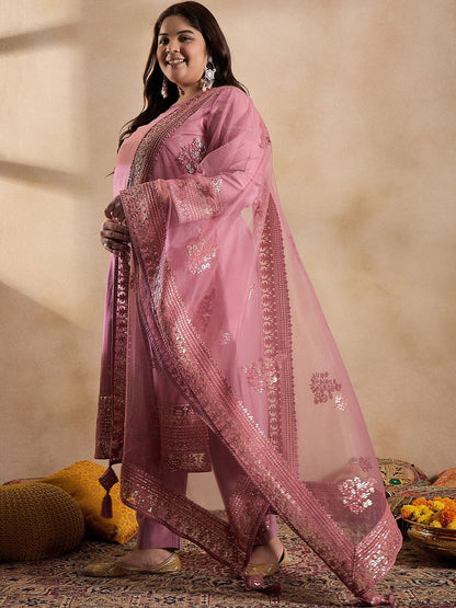 Dhiyona IN Floral Embroidered Sequinned Straight Kurta with Trouser & Dupatta