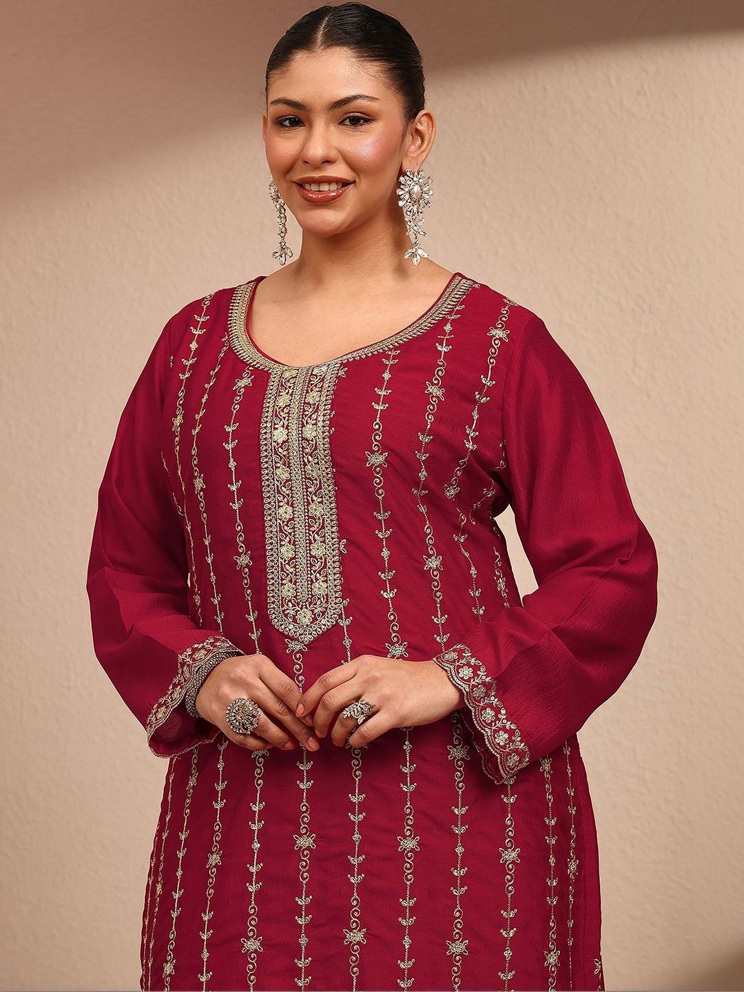 Dhiyona Women's Ethnic Motifs Embroidered Regular Thread Work Kurta with Palazzos & With Dupatta