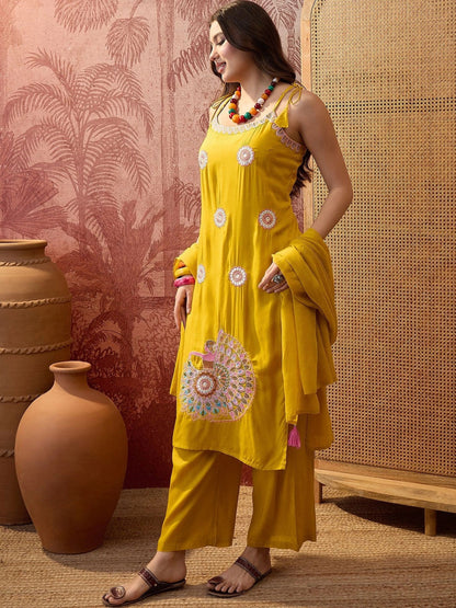 Women Ethnic Motifs Embroidered Regular Thread Work Pure Cotton Kurta with Palazzos & With Dupatta