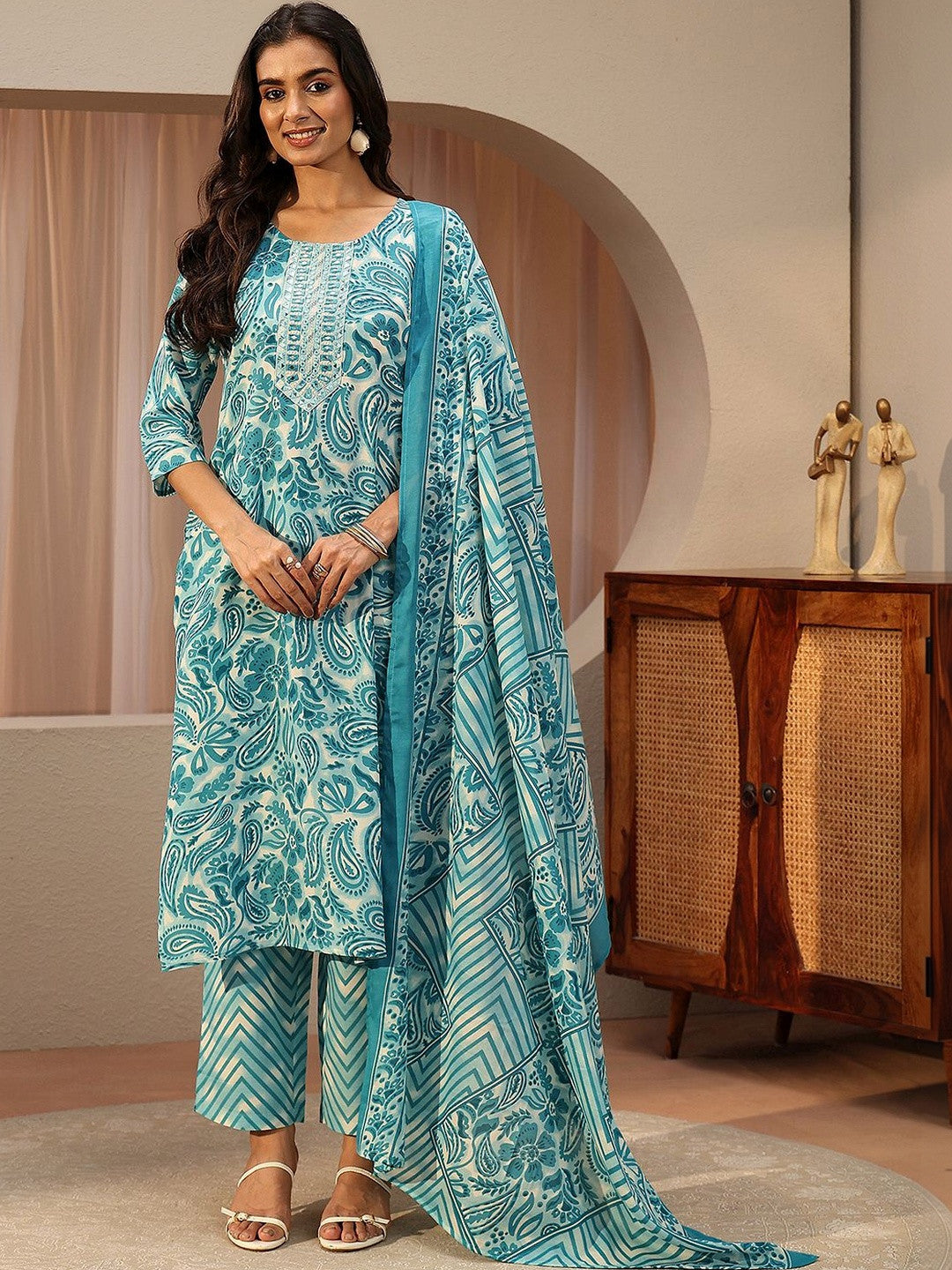 Blue Paisley Printed Cotton Straight Suit Set