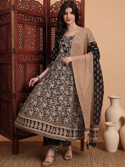 Dhiyona KL Women Ethnic Motifs Printed Panelled Pure Cotton Kurta with Harem Pants & With Dupatta