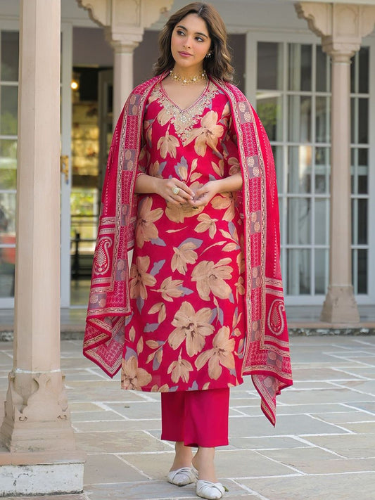 Dhiyona KL Women Floral Printed Regular Thread Work Kurta with Trousers & With Dupatta