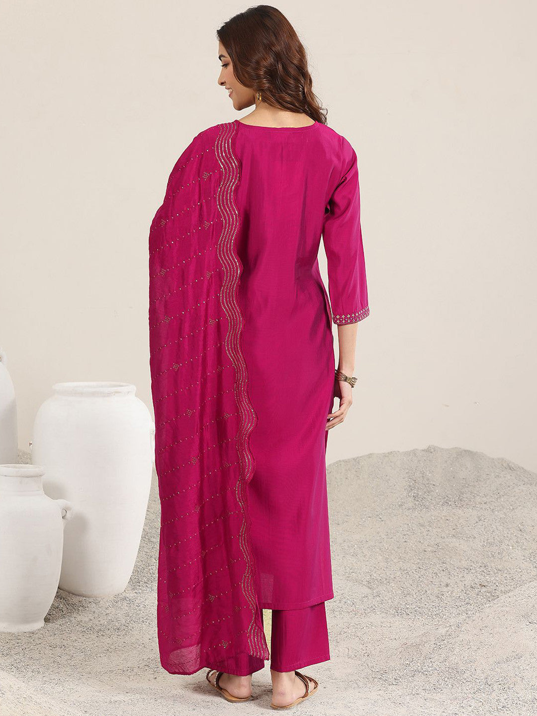 Ethnic Motifs Yoke Design Straight Sequinned Kurta With Trousers & Dupatta