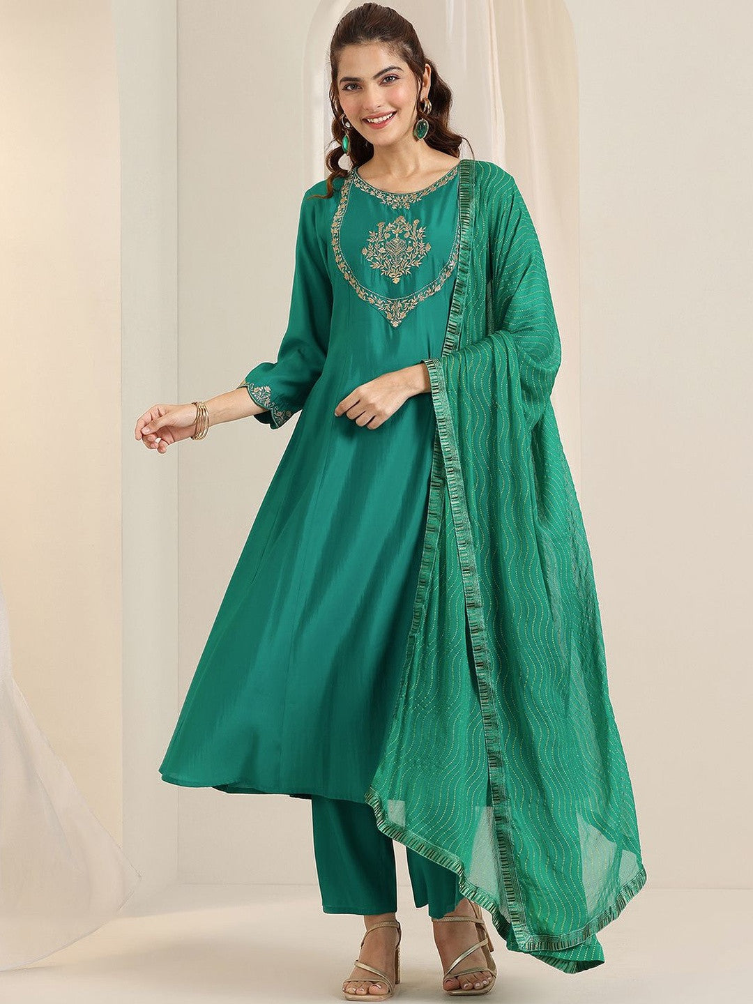 Women Ethnic Motifs Embroidered A-Line Kurta with Trousers & Dupatta