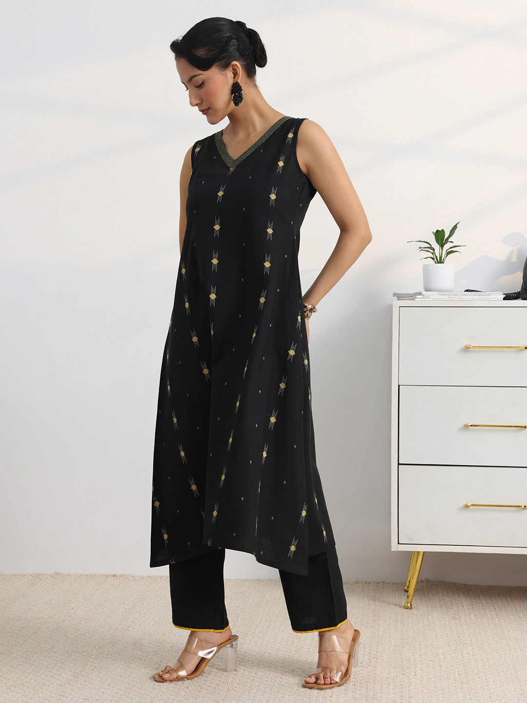 Libas Black Woven Design A-Line Kurta Set