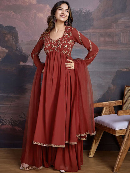 Dhiyona HOP Floral Embroidered Sequinned Georgette Kurta With Sharara & Dupatta